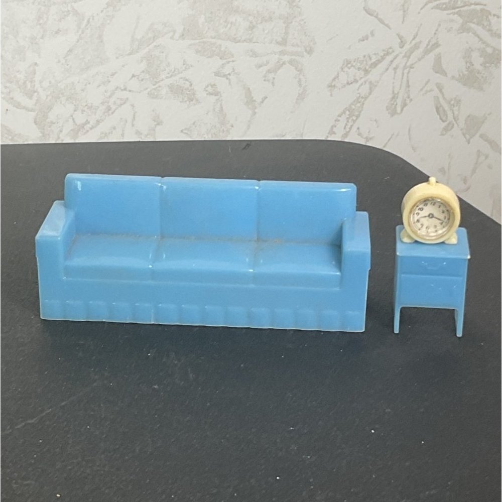 Miniature Blue Dollhouse Couch & Side Table Set With Clock